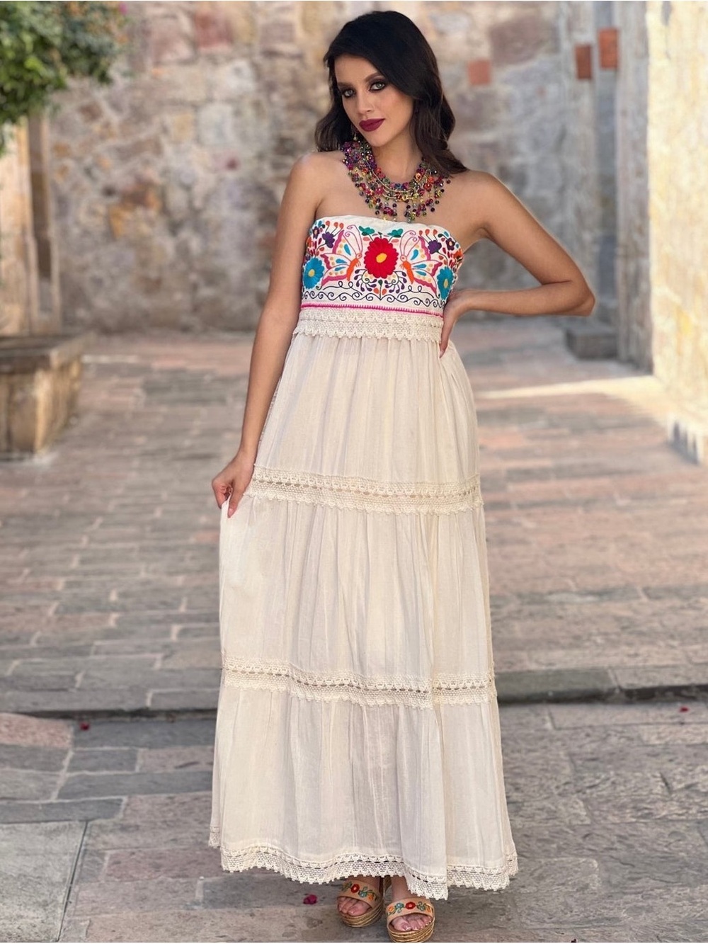 SOLEI Mexican Floral Embroidered Lace Tiered Penelope Maxi Dress S/M